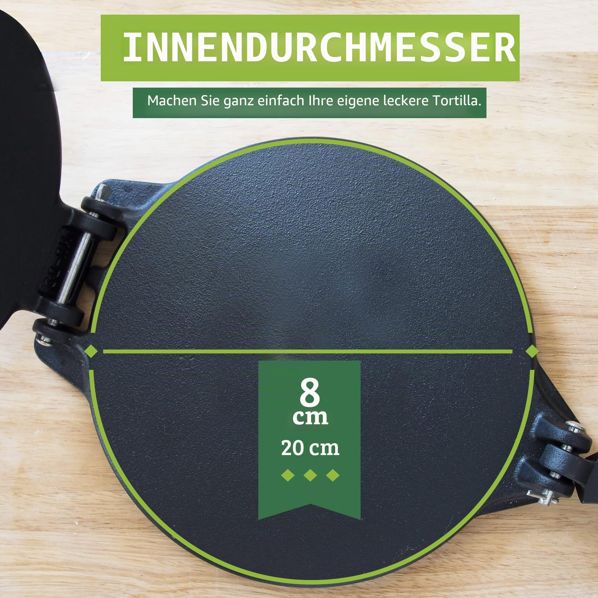 Tortilla Presse 20cm Gusseisen - Taco Presse Roti Maker für Selbstgemachte Tortillas, Fladenbrot & Wraps