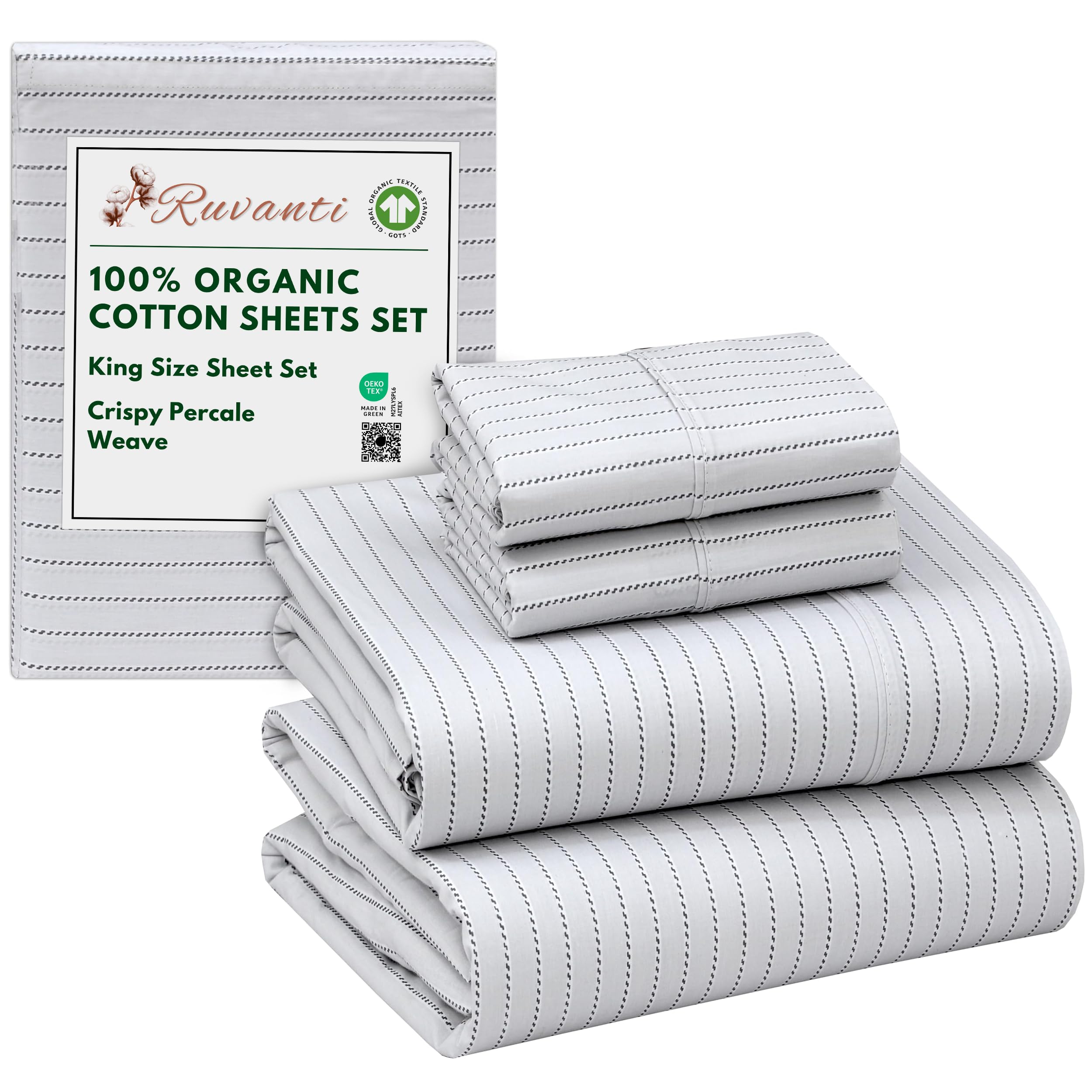 RUVANTI 100% Organic Cotton Sheets King Size, Percale Weave, GOTS Certified, 4-Piece Set, Deep Pocket 15", Crisp & Breathable, Soft Durable Bedding,