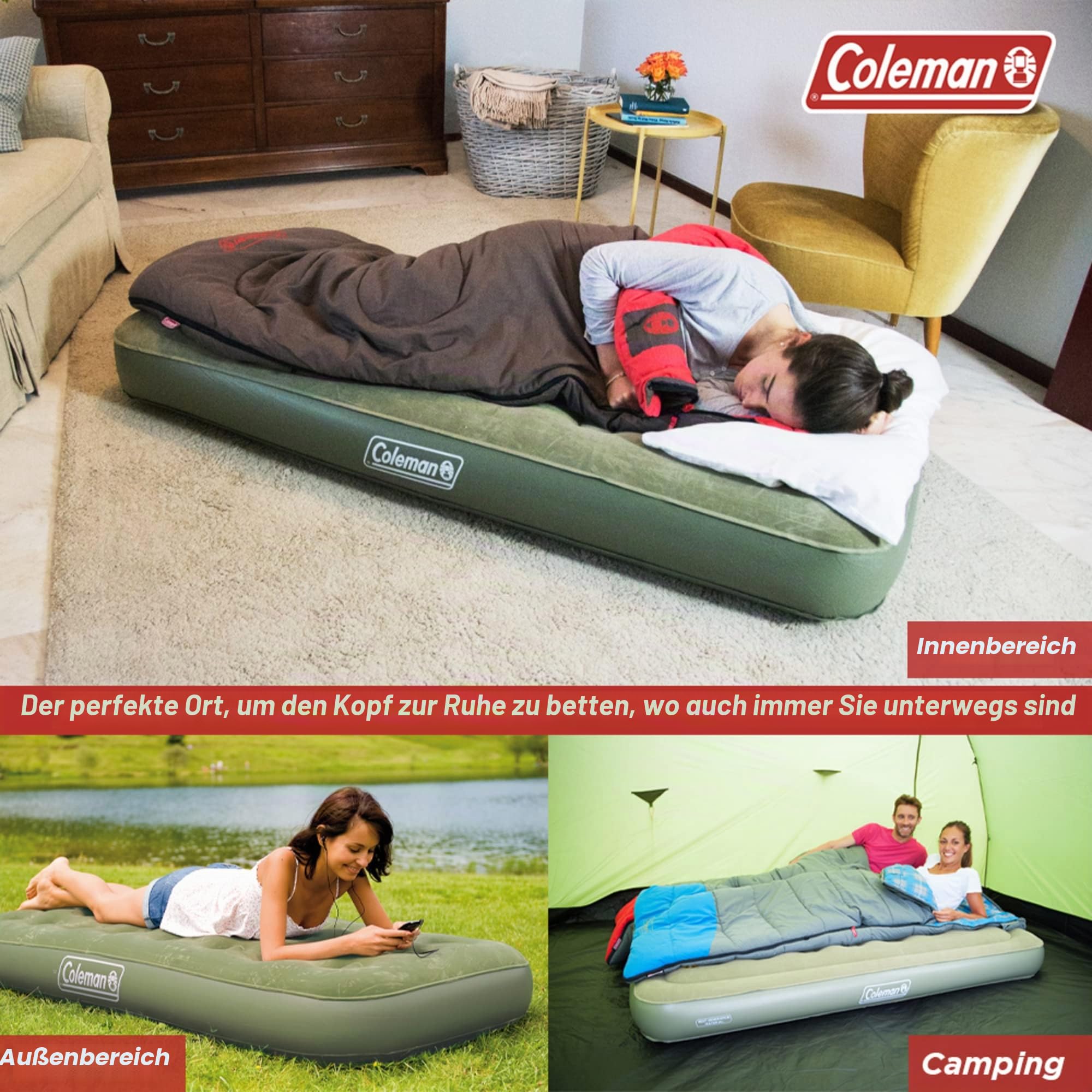 Coleman Luftbett Comfort Bed Single, Indoor/Outdoor Luftmatratze 1 Person, Velours Gästebett, Komfort Einzelbett, Campingbett für Wandern, Trekking, Festivals, 188 x 85 x 22 cm, max. 148 kg