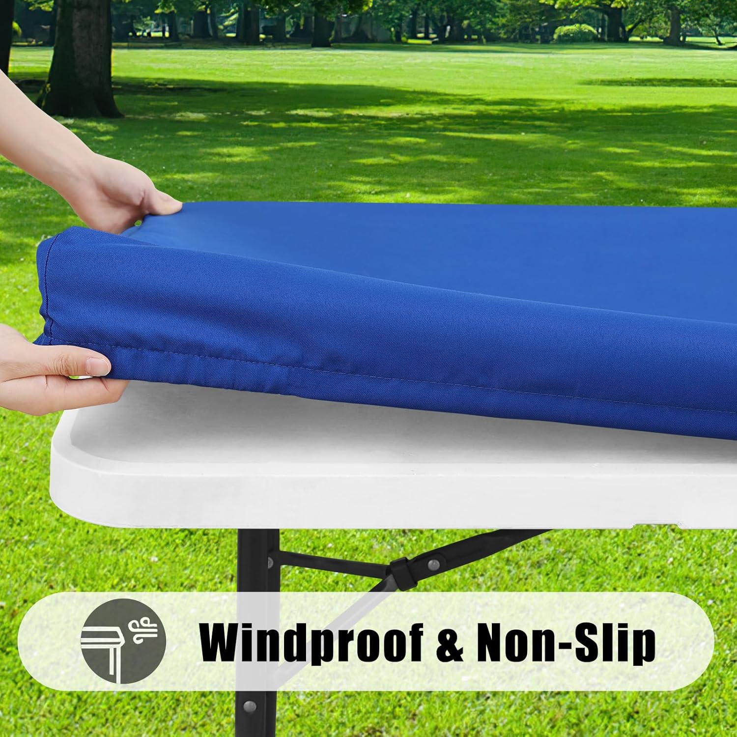 smiry 4 pack rectangle picnic table cloth, waterproof elastic fitted tablecloths, washable polyester rectangular patio table cover for camping, indoor and outdoor (blue, 30"x72") 30"x72" blue