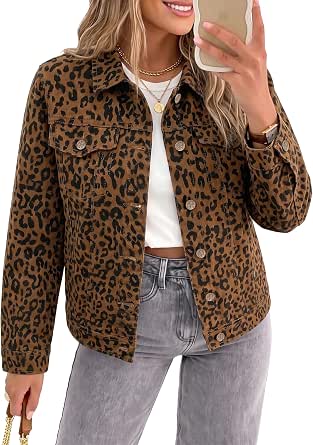 GRAPENT Women's Leopard Print Denim Trucker Jacket