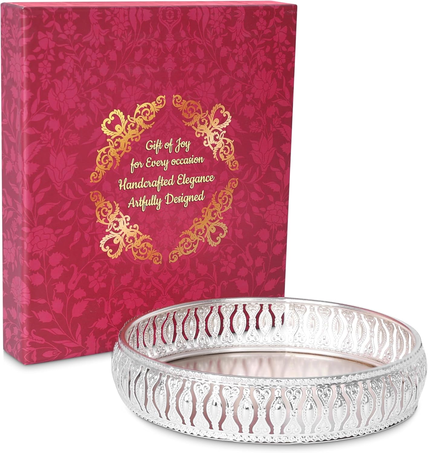 Round German Silver Plated Tray| Round Decorative Tray |Best Gift for Pooja|Diwali | Anniversary | House Warming | Birthday (Pack of 1) Size: 6x6 Inches,with Gift Box