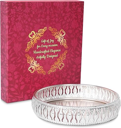 R Ayurveda Copper Round German Silver Plated Tray| Round Decorative Tray | Best Gift for Pooja | Décor | Diwali | Annivers