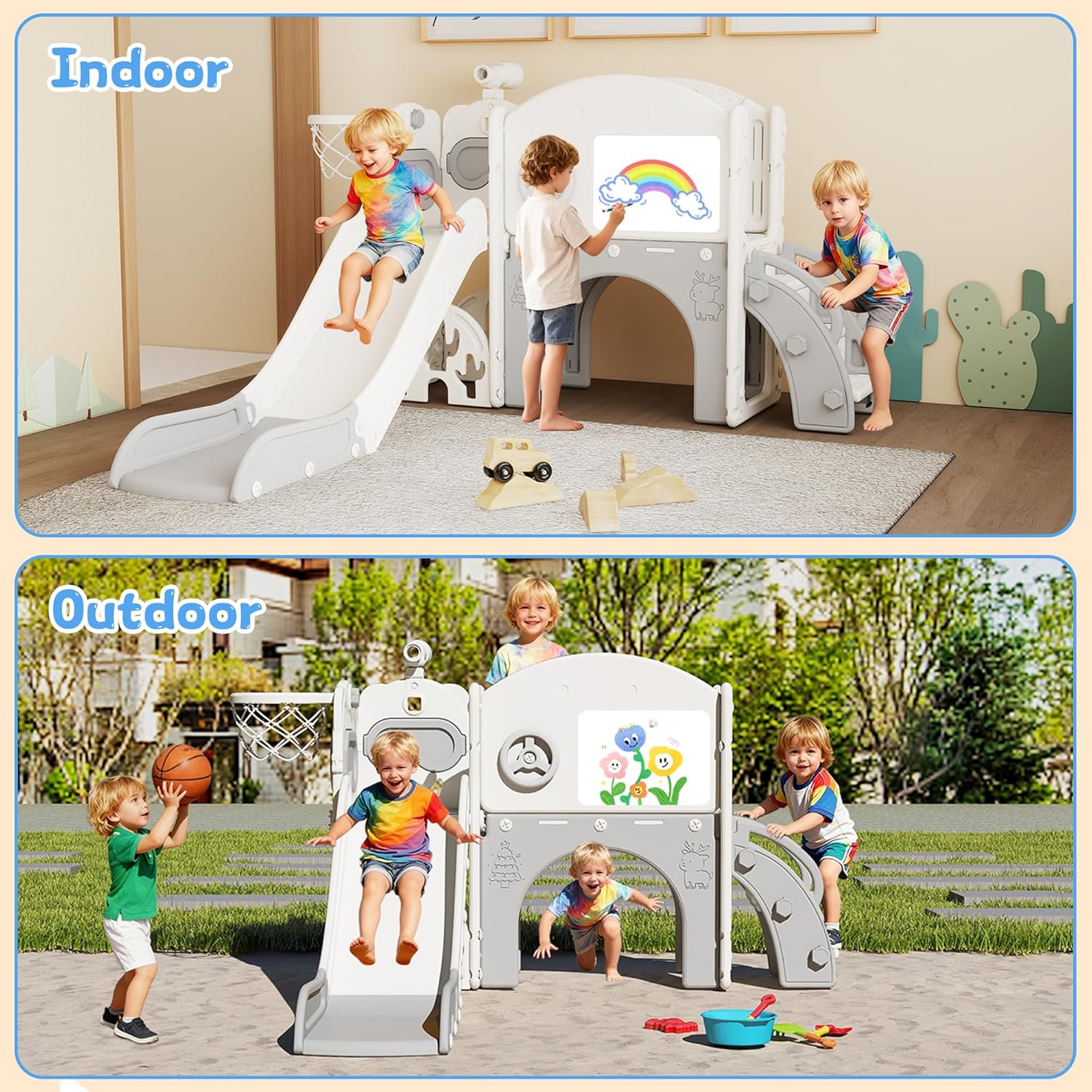10 in 1 Toddler Slide Playset Indoor & Outdoor Playground for Kids Aged 1-3, Complete with Golf Set, Basketball Hoop, Climbing Frame, Drawing Board and Steering Wheel, Gray & White