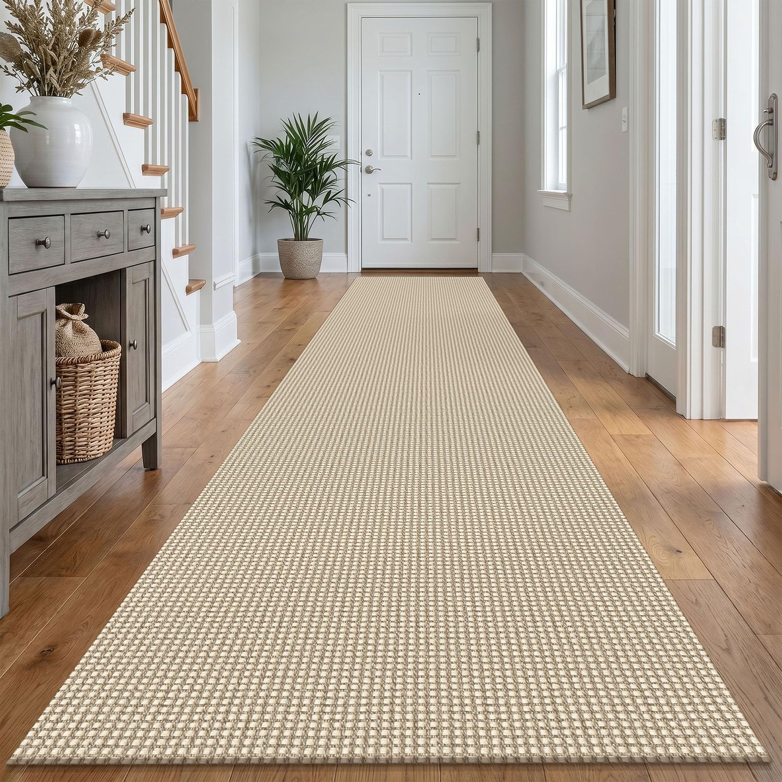 IOHOUZE Washable Exrea Long Hallway Runner Rug 3x14 Non Slip Rubber Backed Kitchen Runner Entryway Runner Indoor, Woven Rugs Floor Carpet for Kitchen Hall Entryway, Cream/Beige