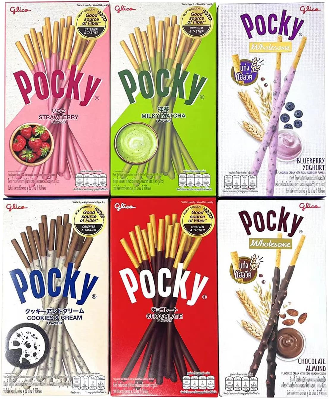 Pocky Biscuit Stick 6 Flavors Variety Pack (Pack of 6) (Total 8.84 oz) - Classic Flavors and Fun New Flavors - Yogurt and Choc Almond