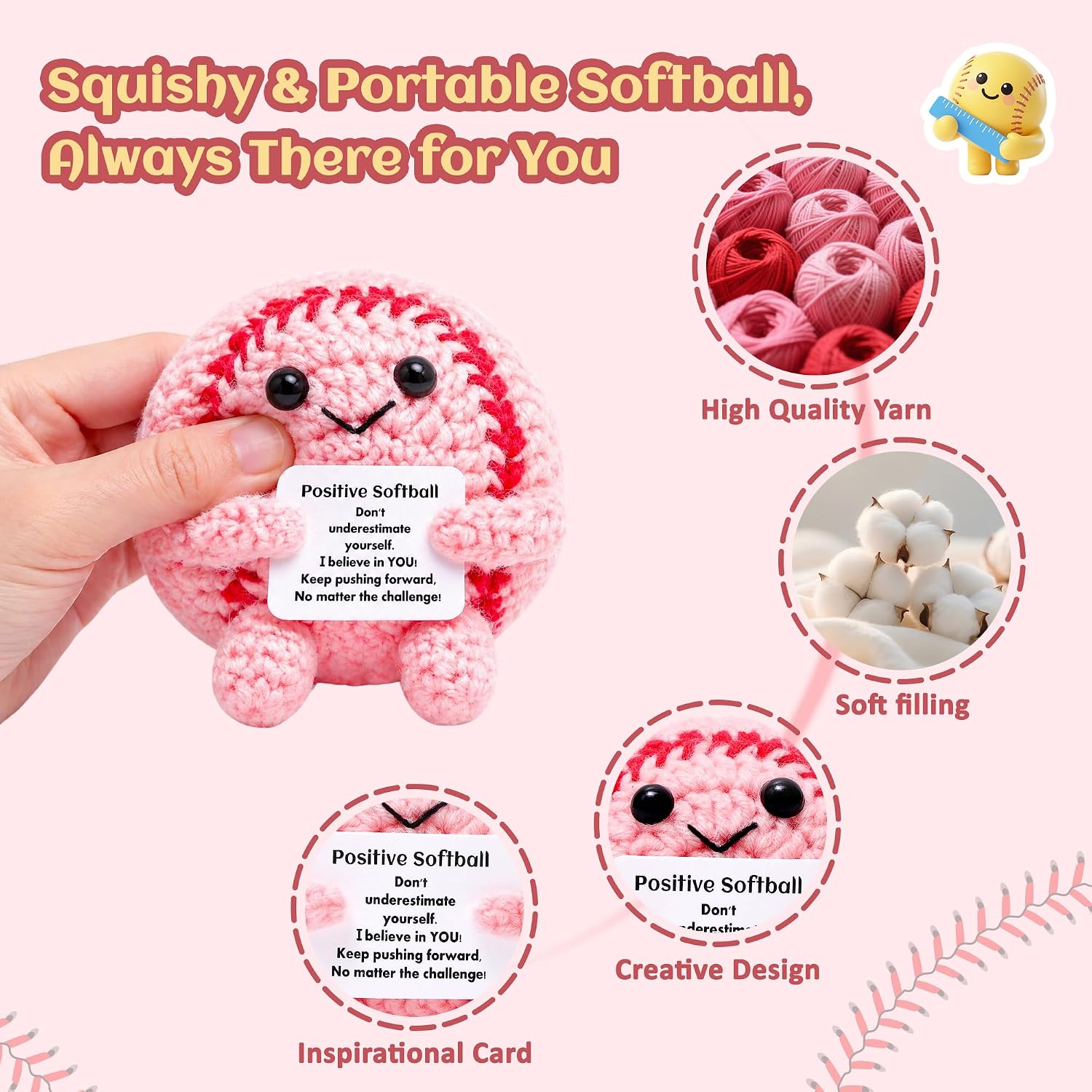 Mini Funny Positive Pink Softball Gifts for Girls, Knitted Wool Softball Crochet Toy with Positive Card, Cute Emotional Support Cheer Up Keepsake Gift for Kids Girls Women Friends Sister College