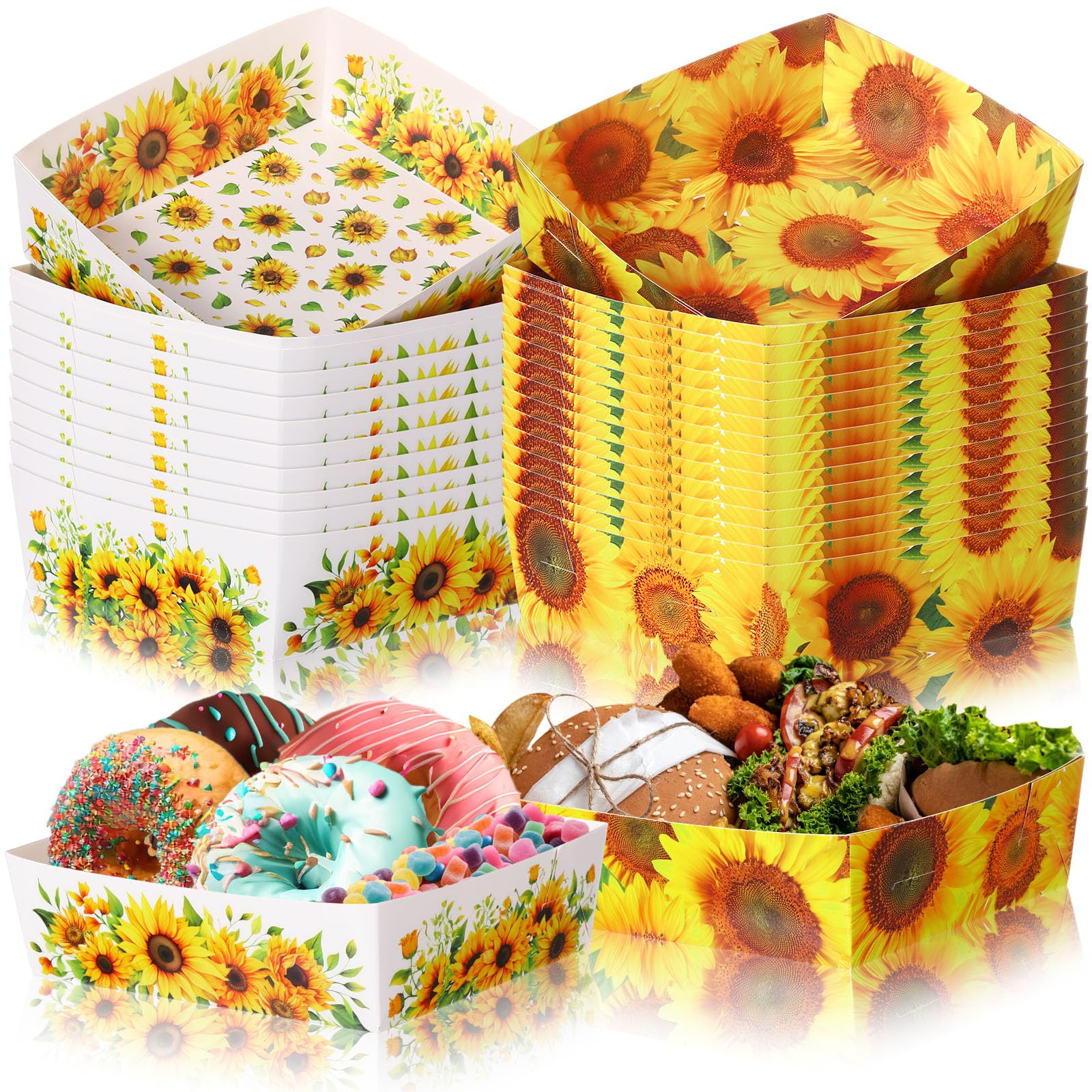 36 Pcs 5 lb Sunflower Party Supplies Yellow Sunflower Nacho Boats Large Thick Paper Serving Snack Trays for Tea Party Birthday Baby Shower Bridal Shower