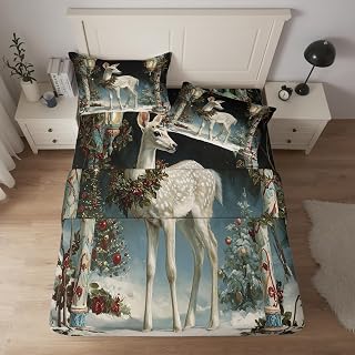 Christmas Deer Full Size Bed Sheets 4 Piece, White Deer Holiday Pattern Sheet Set with 16 Inch Deep Pocket, Snowy Scenery Bedroom Decor Bedding, Soft Microfiber Wrinkle Free V-H490