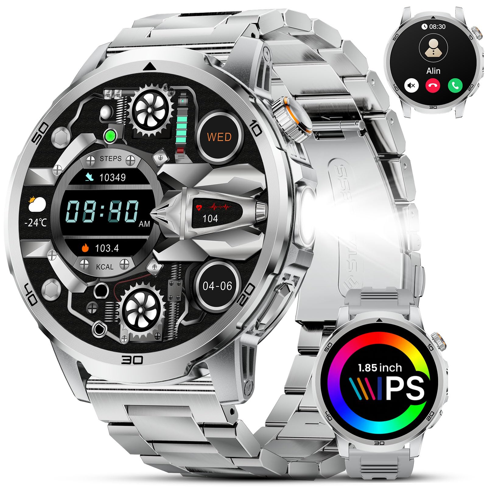 Smartwatch Herren 1,85" HD Großes Display Bluetooth 5.2 Anrufe 1000mAh Akku | 100+ Sportmodi, Puls & SpO2 Monitor, Schlafmonitor, LED Taschenlampe mit SOS, IP68 Wasserdicht, 2 Armbänder, iOS/Android
