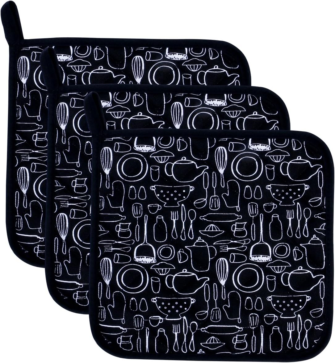 100% Cotton Kitchen Everyday Basic Terry Pot holder Heat Resistant Coaster Potholder for Cooking and Baking 20cmx20cm Inchs Set Of 3 Black