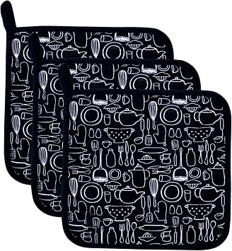 100% Cotton Kitchen Everyday Potholders Pot Holder Heat Resistant Coaster Potholder for Cooking and Baking 8 x 8-Inch Set of 3 Black