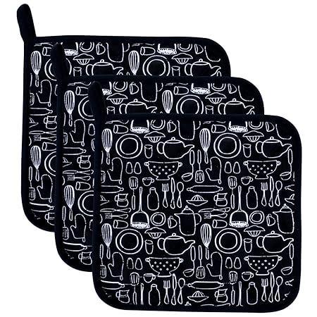 100% Cotton Kitchen Everyday Basic Terry Pot Holder Heat Resistant Coaster Potholder For Cooking And Baking 8x8 Inchs Set Of 3 Black