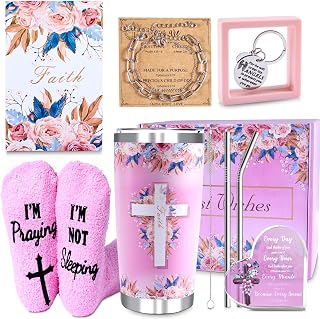 Christian Gifts for Women, 9 PCS Religious Gift Bulk Set Includes 20 oz Tumblern Straw Brush Sock Acrylic Quota Panel Keychain Bracelet Thanks Card Gift Box, Perfect Christmas Faith Gifts for Girls