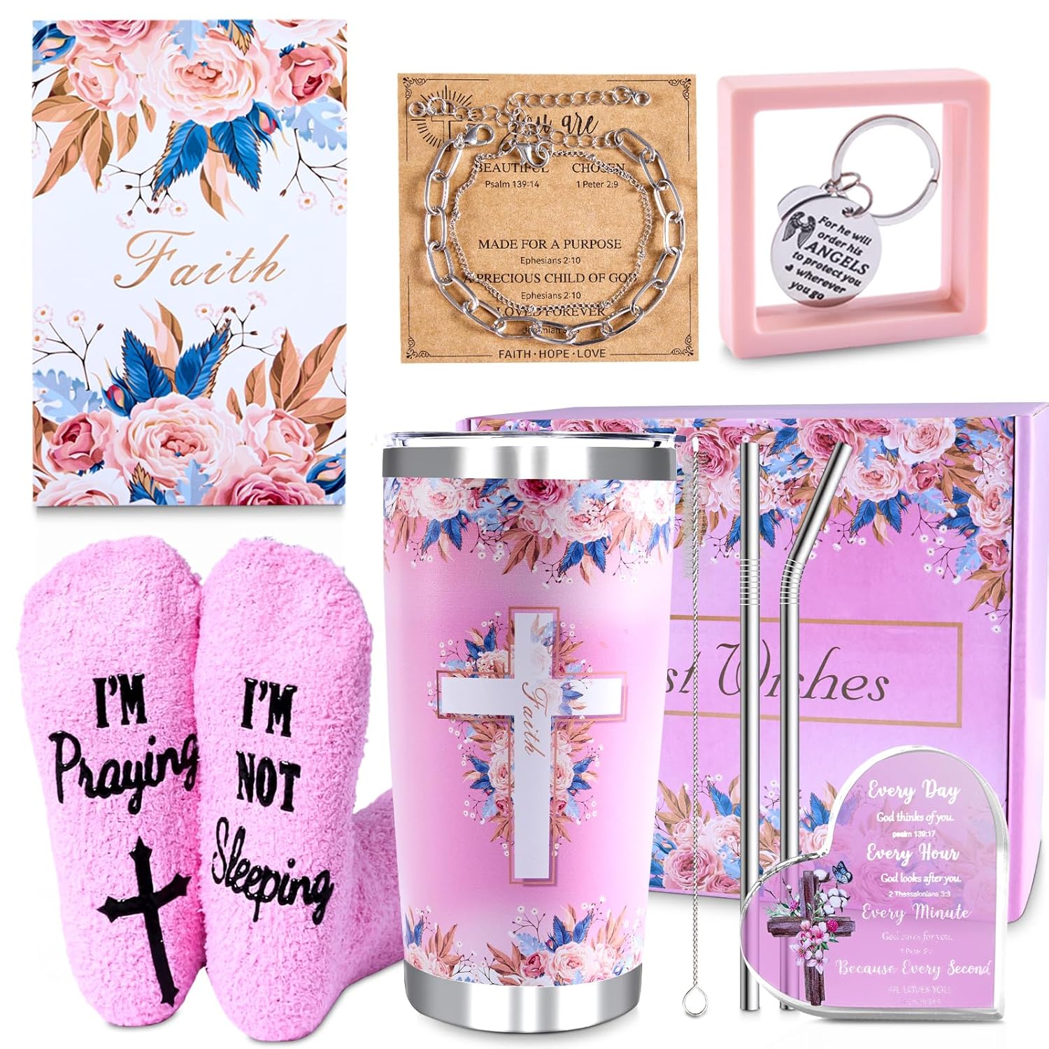 Christian Gifts for Women, 9 PCS Religious Gift Bulk Set Includes 20 oz Tumblern Straw Brush Sock Acrylic Quota Panel Keychain Bracelet Thanks Card Gift Box, Perfect Christmas Faith Gifts for Girls