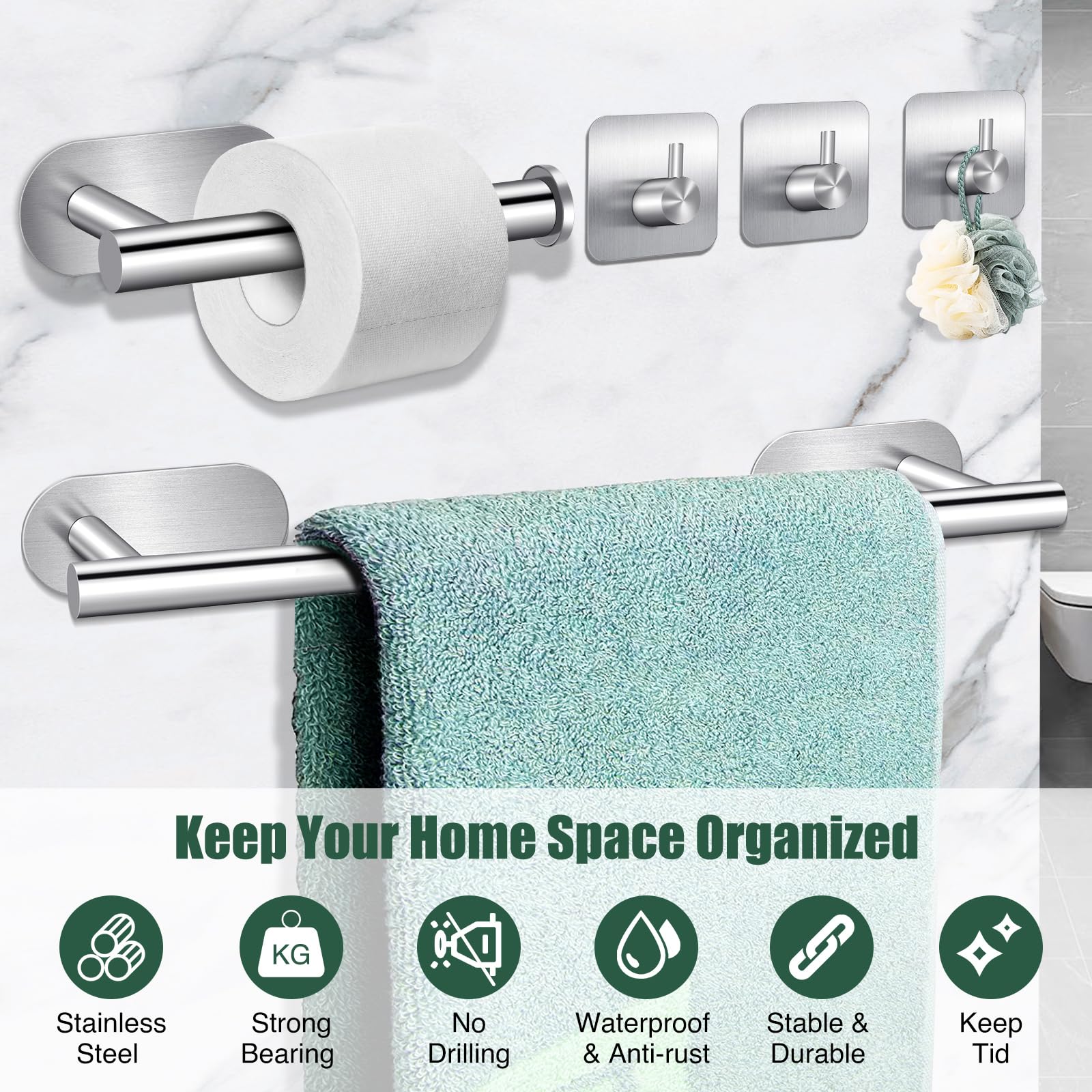 TocTen Set Portasciugamani Autoadesivi 5 Pezzi - Acciaio Inox, Kit Bagno Completo Con Porta Carta E Ganci, Nichel Spazzolato, Fissaggio Senza Fori