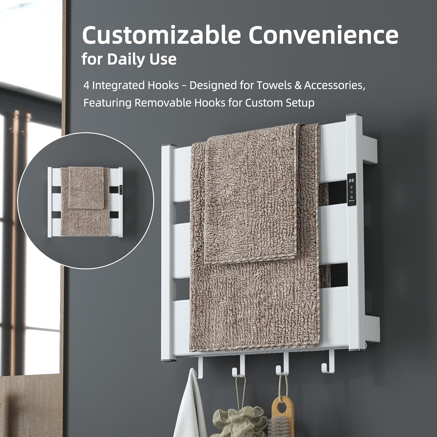 K&KALONZO Towel Warmer for Bathroom, Wall-Mounted Heated Towel Rack with Built-in Timer, Waterproof Alumnimum Electric Towel Heater, Support Plug-in and Hardwired, White, H3-W