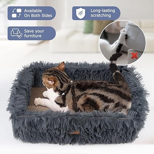Miniatura 10 de Caja de cama esponjosa para gatos con cartón extraíble, tablero corrugado rectangular para rascar gatos, almohadilla para rascar mascotas para