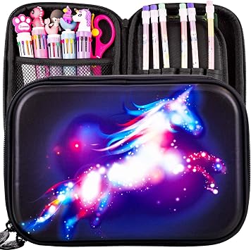 KLFVB Cute Unicorn Pencil Box for Kids,Big Capacity Girls Black Pencil Case for School Gift
