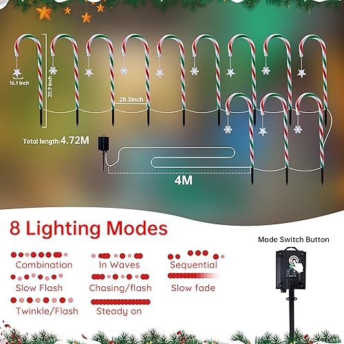 Miniatura 3 de Luces de bastón de caramelo para exteriores, decoraciones de Navidad, paquete de 12 luces solares verdes, rojas y blancas con 8 modos, temporizador