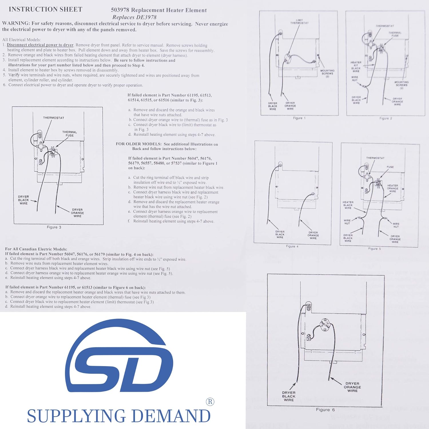 Supplying Demand 503978 1246369 Clothes Dryer Heating Element Assembly Replacement