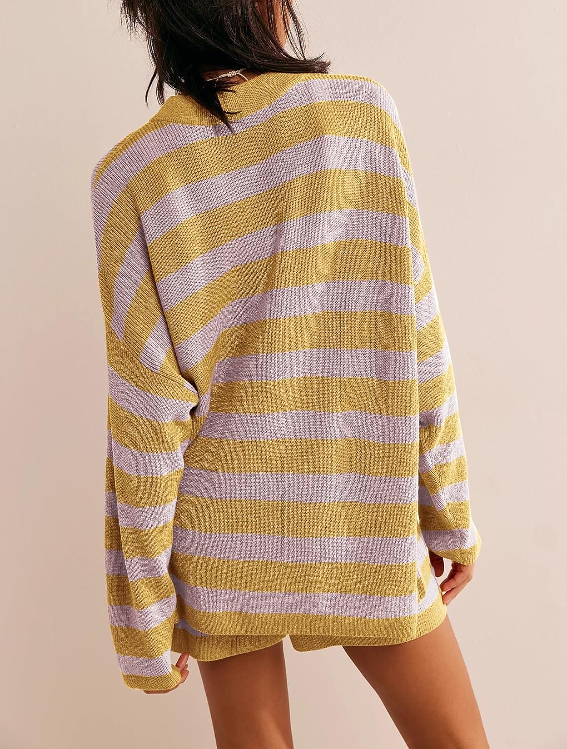 Balimtoy Women Striped Sweater Set Oversized Lounge Set Matching Pajama Sets Knit Long Sleeve 2 Piece Shorts Fall Outfits - Image 3