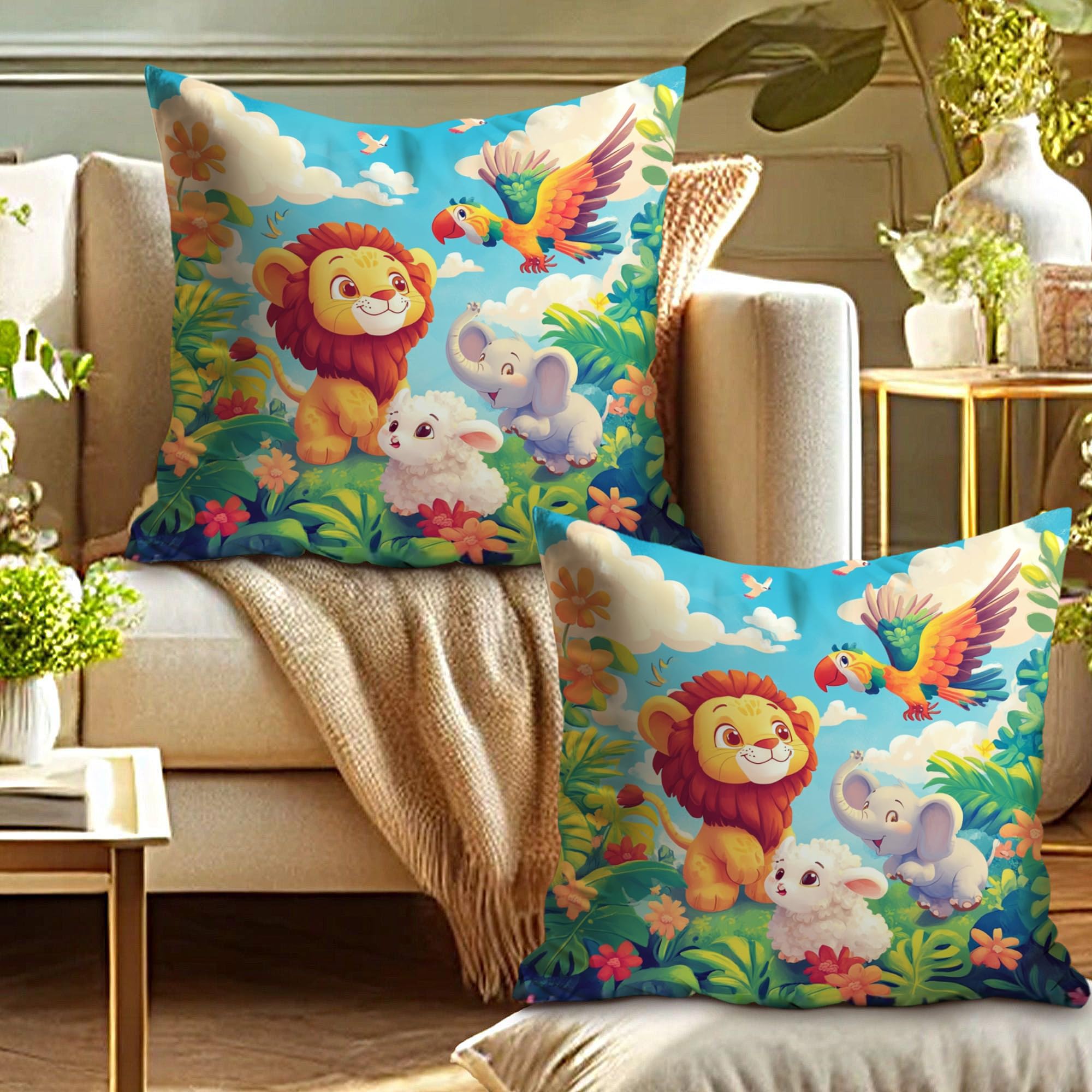 Playful Jungle Animals Pillow Covers Set of 2, Colorful Lion Elephant Sheep Cushions, Fun Decorative Pillows for Kids Room Sofa Couch, Spring Summer Decor 16x16 Inch