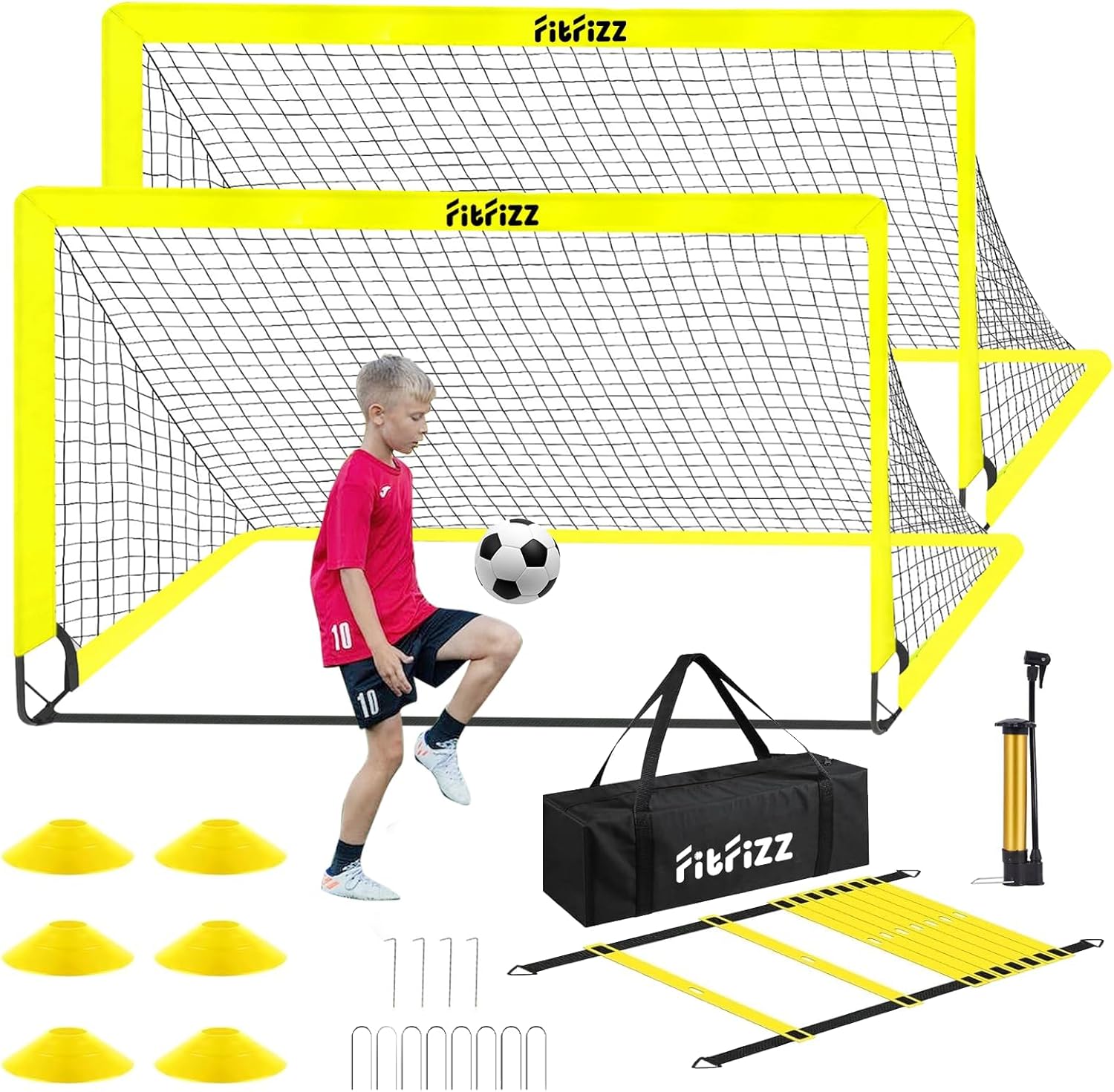 Soccer Goal, Soccer Goals for Backyard, 6x4ft Portable Pop Up Soccer Net Set, Soccer Training Equipment with Soccer Ball, Ladder and Cones