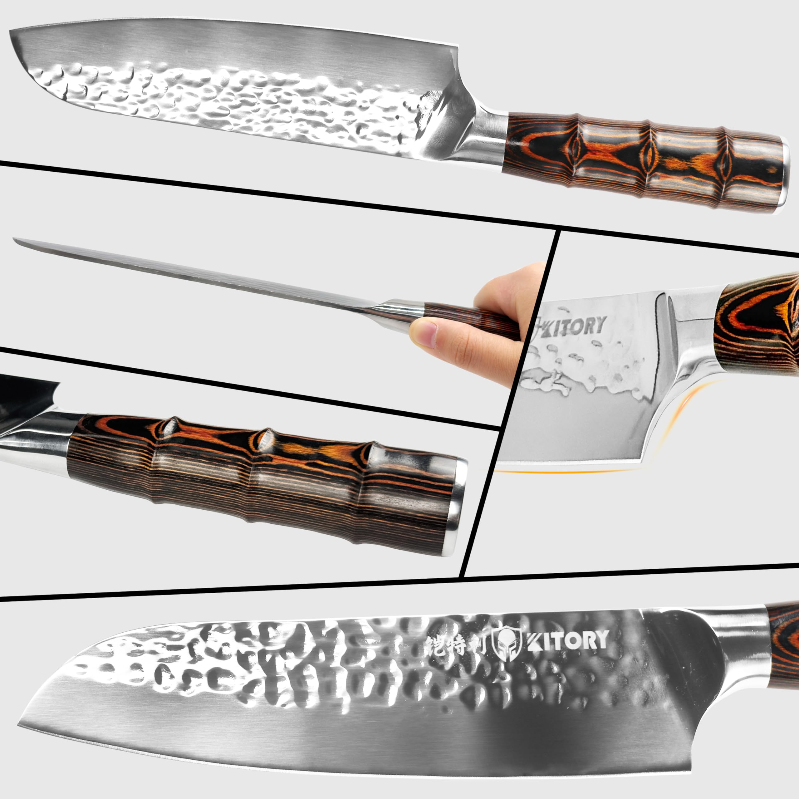 Kitory Santoku 17,8 cm – Style couteau de cuisine japonais, finition martelée, lame acier inoxydable allemand HC ultra-tranchante, manche en bois style bambou – Pour maison & restaurant.
