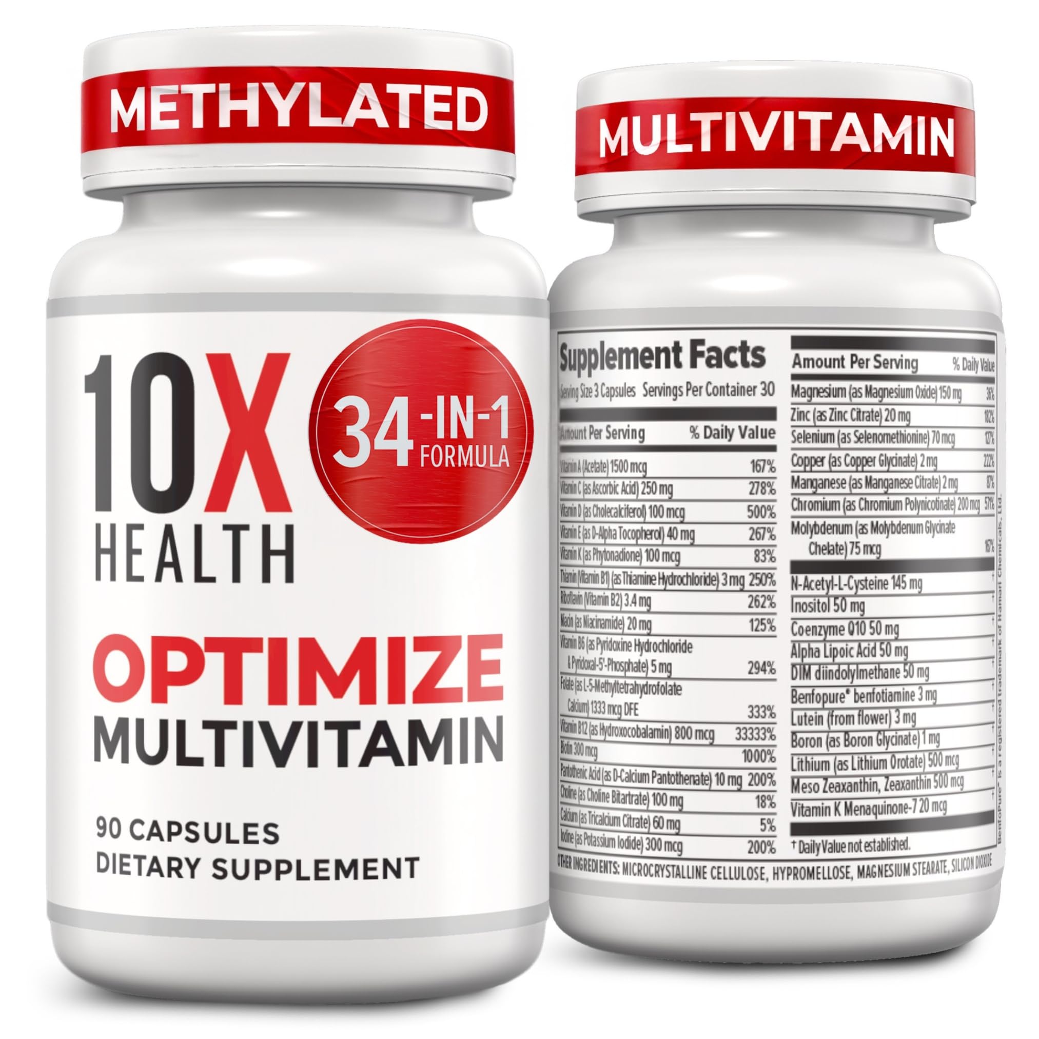 10X Health Optimize Multivitamin for Men - 90 Capsules, Methylated Multivitamin 34 in 1 Formula with 800 mcg of Vitamin B12, 5-MTHF, NAC - Methyl B Complex, MTHFR Supplement