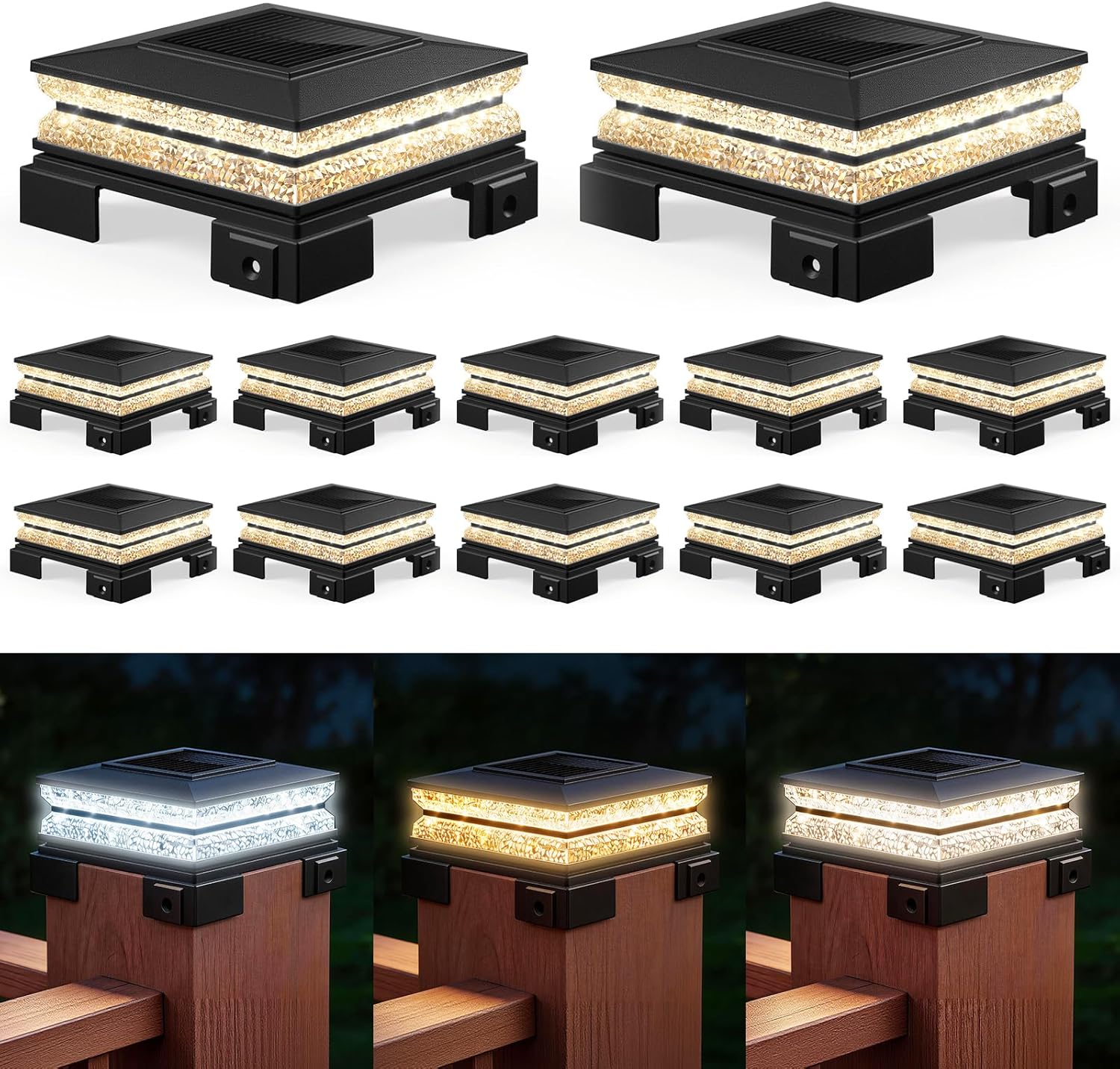 APONUO Solar Post Cap Lights Outdoor, 3 CCT& 2 Brightness Deck Post Lights Solar Powered for 4x4 5x5 6x6 Vinyl Wooden Posts, Waterproof Dusk to Dawn Fence Deck Lights for Patio Garden, Black, 12-Pack