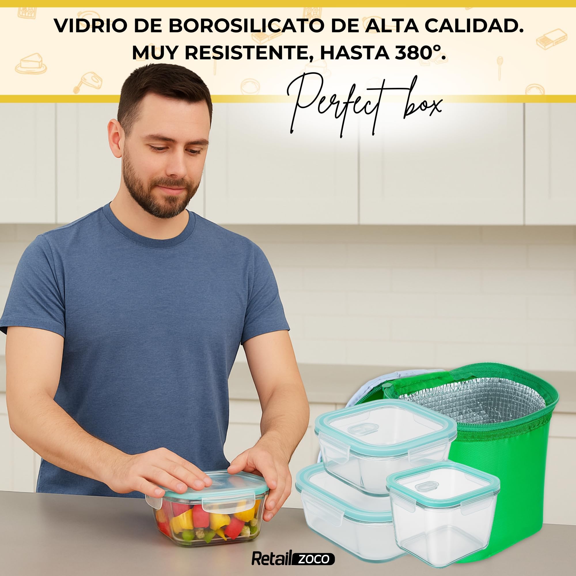 Fiambrera de Cristal rectangular, Recipientes de Cristal para Alimentos, Cierre Hermeticos con Tapa, Reutilizables, Apto Lavavajillas y Microondas, Libre de BPA, Capacidad 370 ml, Pack 4 uds - imagen 5