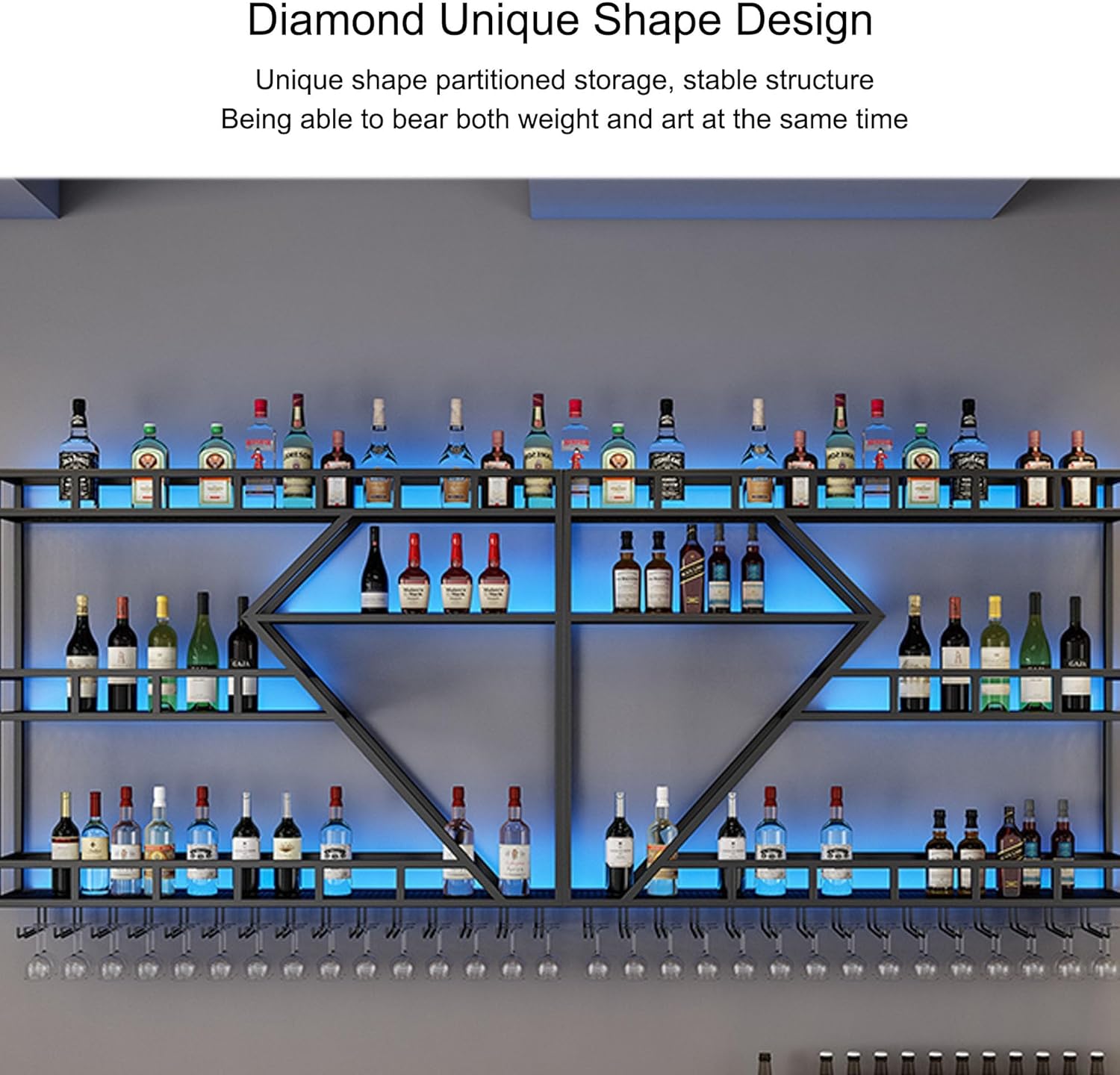 Wine Rack Wall Mounted Bar Shelves with Hanging Wine Glass Holder Rack and LED Light Liquor Bottle Display Shelf Floating Bar Shelves Whiskey Shelf Kitchen Wall Cabinet for Home Bar Cafe Dining Room (