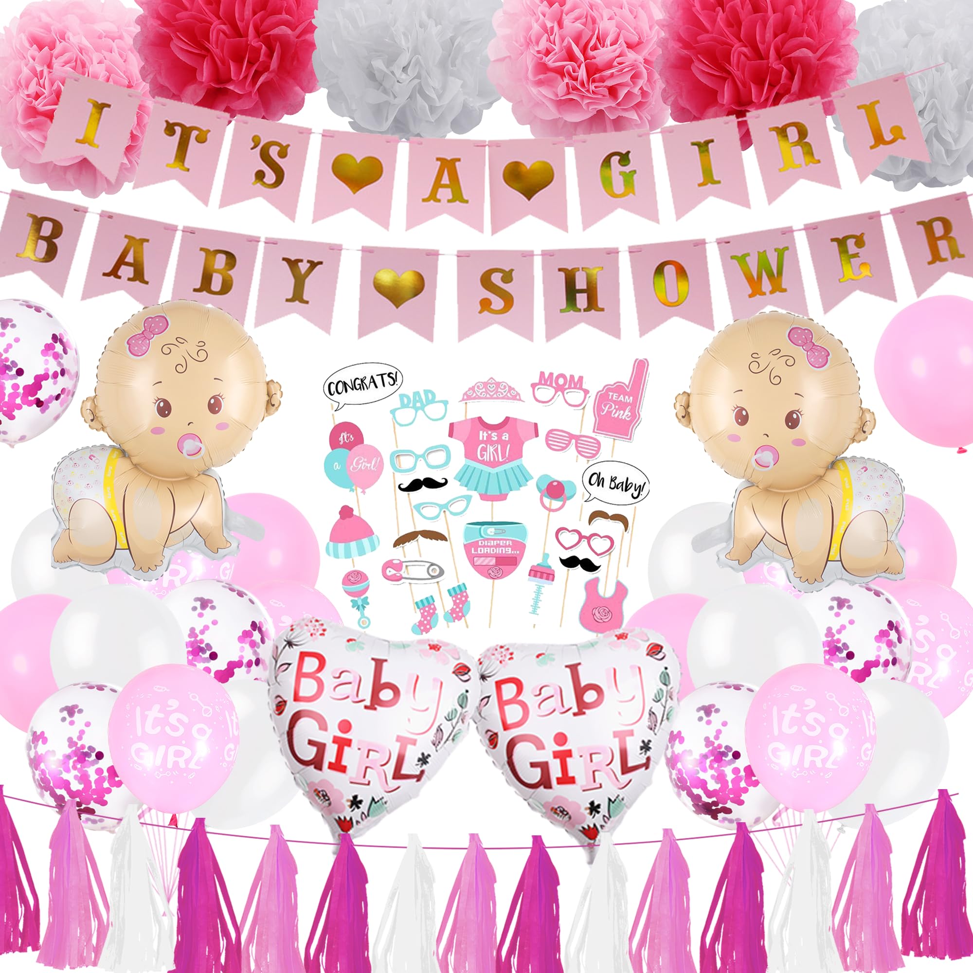 Baby Shower Decorations Girl Pink  Its a Girl Banner Balloons Photo Booth Props, Tissue Paper Pom Poms Tassel Garland for Baby Shower Party Decor