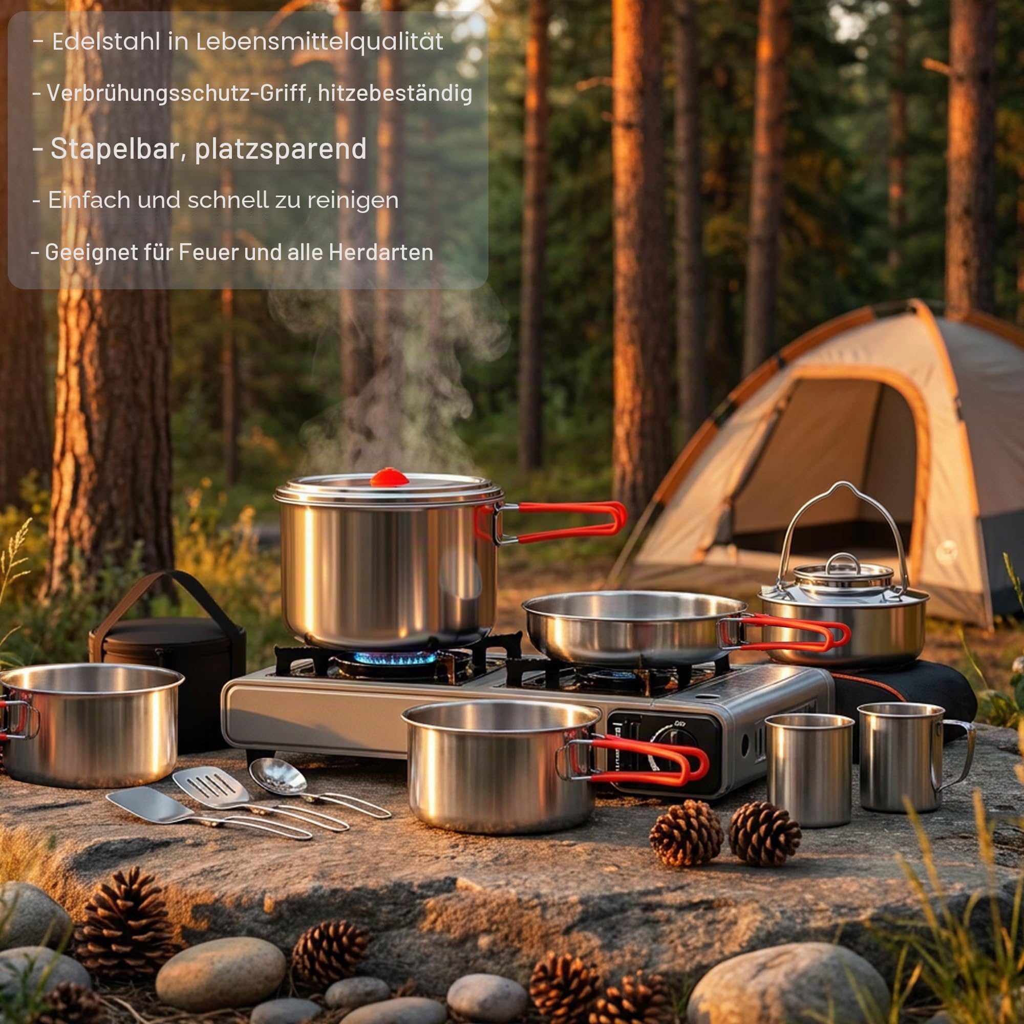 Tragbares Camping-Kochgeschirr-Set aus 18/8 Edelstahl, 11-teilig, stapelbares Design, große Kapazität, Töpfe und Pfanne mit Kessel, kompakt für Picknick und Familien-Kochen im Freien (4–8