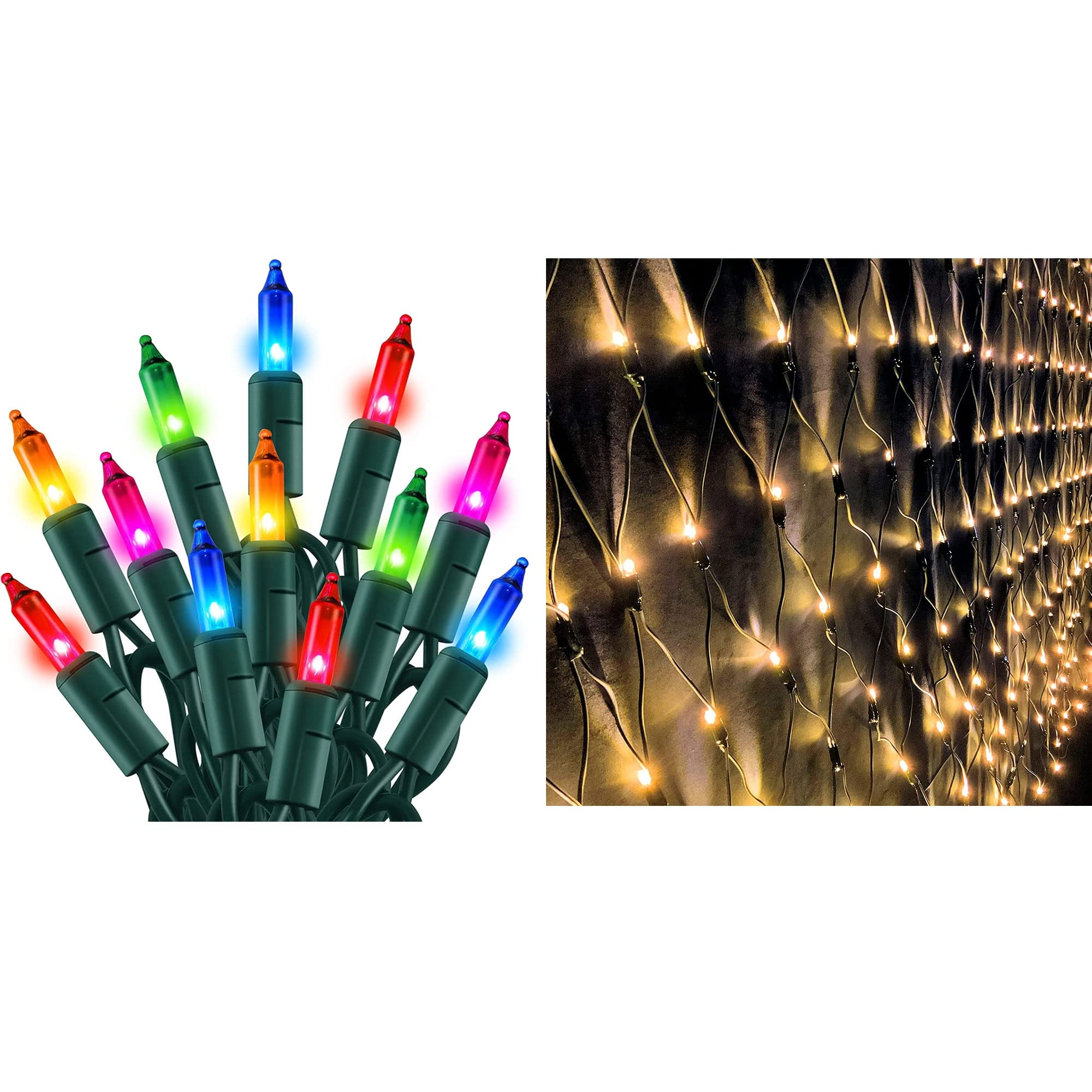 Dazzle Bright 360 LED 12FT x 5 FT Green Wire Net Lights + 33FT 150 Count Christmas Mini String Lights