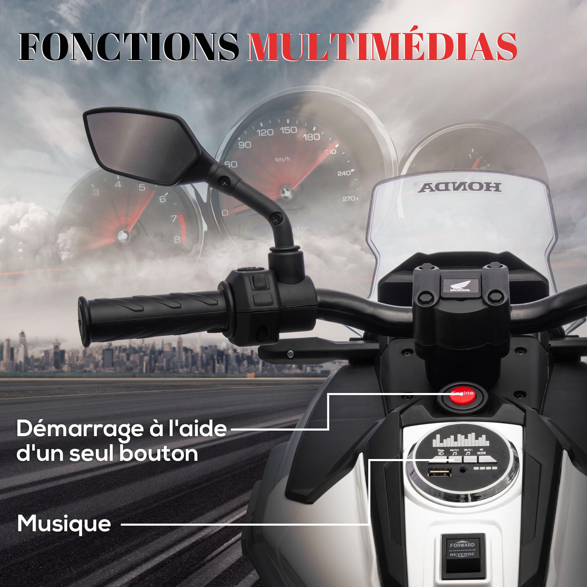 AIYAPLAY Moto électrique Enfants Honda 3-6 Ans Musique Phares 2 Roues d'entraînement 107x46x75 cm Blanc