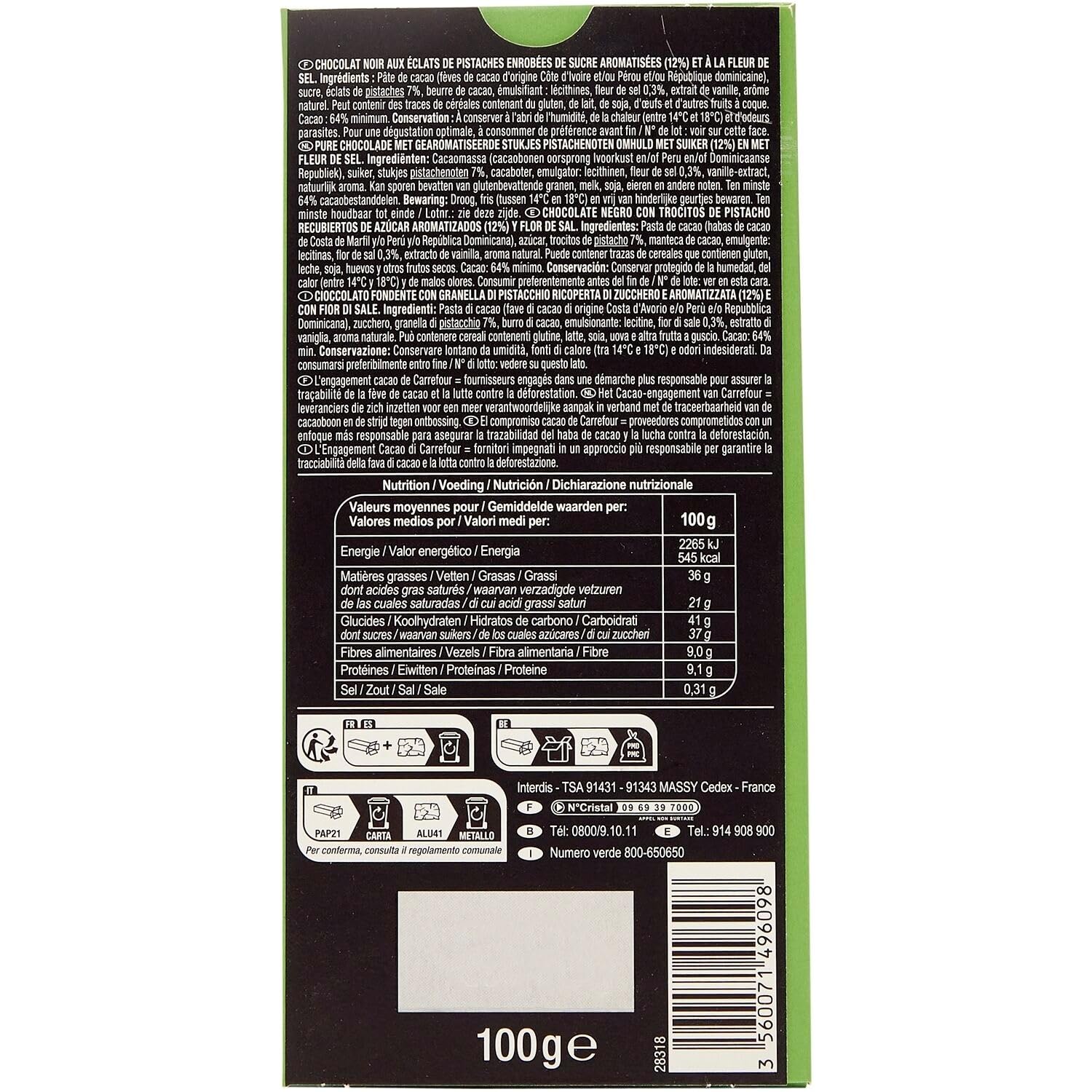Savourez l'alliance parfaite du chocolat noir et de la pistache avec CARREFOUR SELECTION Tablette Noir Pistache Pointe de Sel 100g - Lot de 6