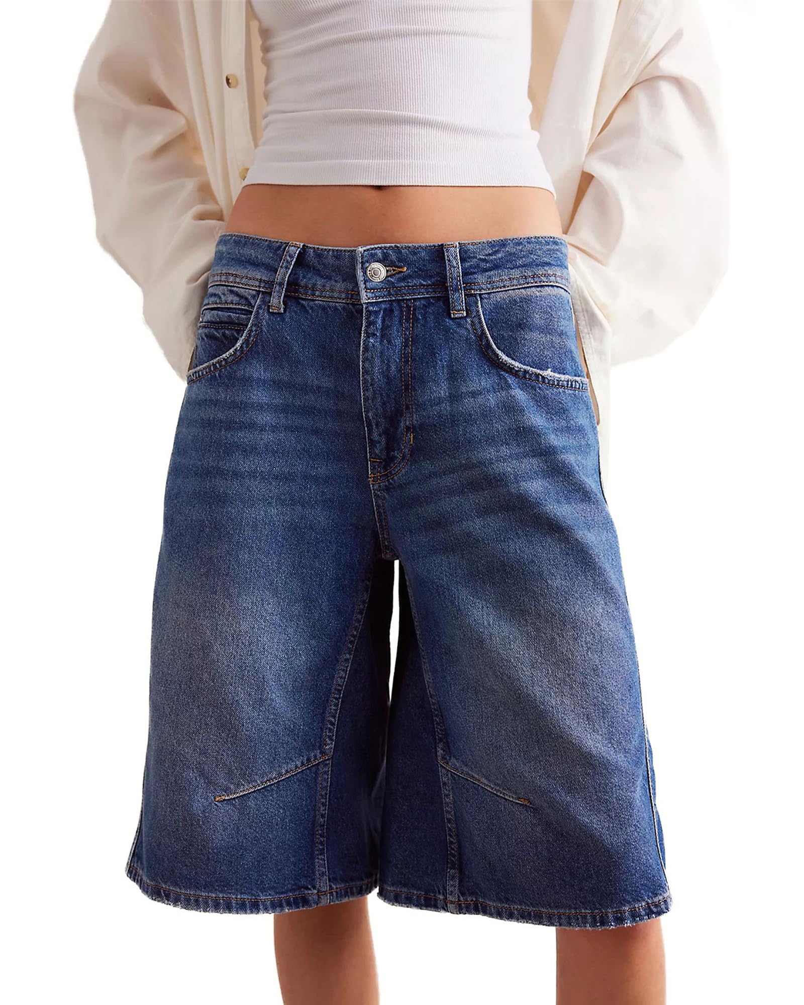 Short en jean ample pour femme - Longueur genou - Style décontracté - Motif cœur - Taille haute - Bermuda ample - Jambe large - Avec poches