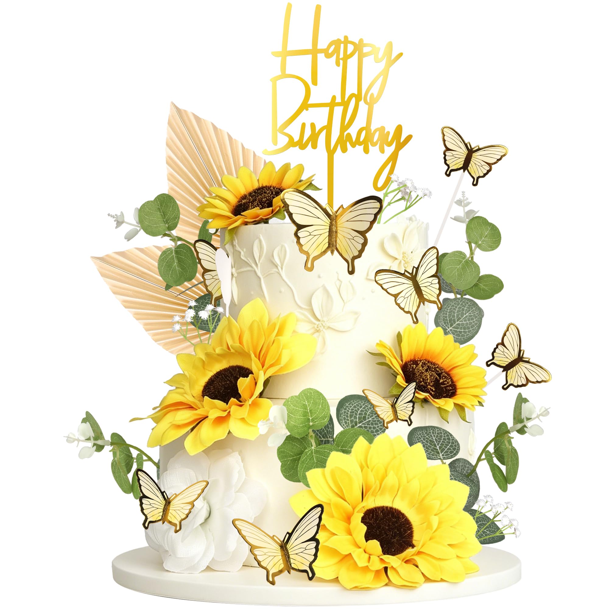 Xsstarmi Sunflower Cake Decorations with Acrylic Happy Birthday Cake Pick Butterfly Eucalyptus Leaves Cake Decor for Baby Shower Wedding Bridal Shower Birthday Party Cake Decorations