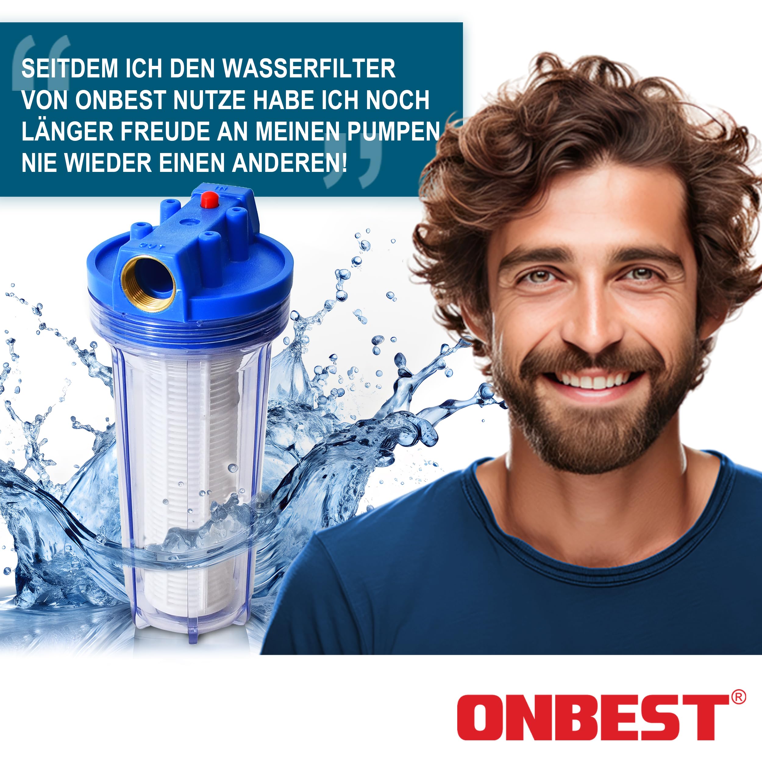 ONBEST Wasserfilter – 6000 l/h – 5,5 bar – 1 Zoll Anschluss Messinggewinde - auswaschbare Filterkartusche – Inkl. 2 Adapter & Filterschlüssel - Idealer Schutz für Pumpen, Hauswasserwerk & Co