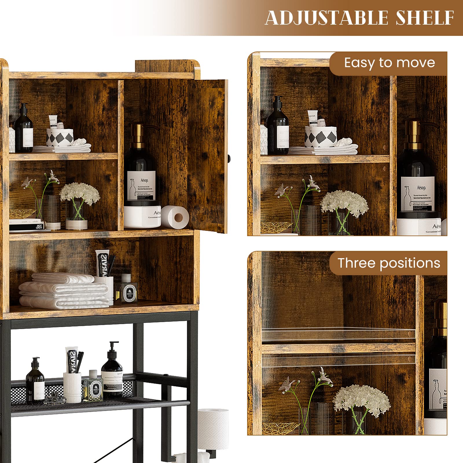 Lamerge Over The Toilet Storage Cabinet, Bathroom Toilet Rack, Freestanding Bathroom Organizer Over Toilet with Adjustable Shelf, Paper Hook, Space Saver Toilet Stands, Open Storage, Rustic Brown