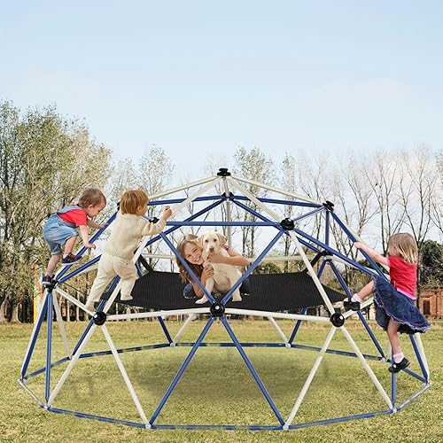 Climbing Dome,10FT Dome Climber with Hammock, Outdoor Play Equipment for 3 to 10 Children, Supports Jungle Gym up to 1,000 lbs, Rust Resistant, Easy to Assemble, Gift for Kids, Blue+White