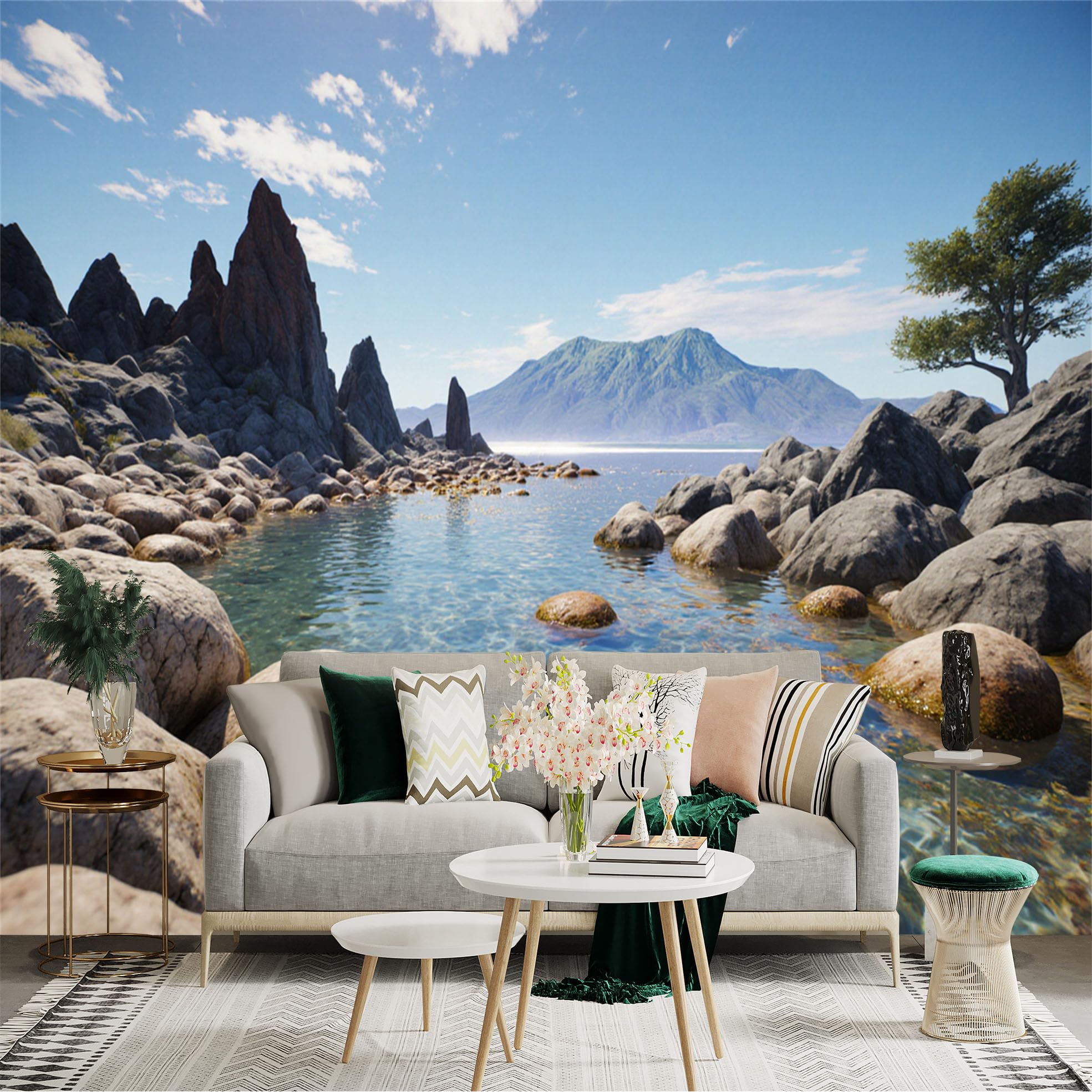 Lnzczhyre Xc260505694 Custom Size Wall Sticker Mural， Rocky Coastal Landscape， Blue Ocean View， Serene Mountain Scenery， Calm Clear Water， For Wall Decoration， Peelandstick Wall Decals.