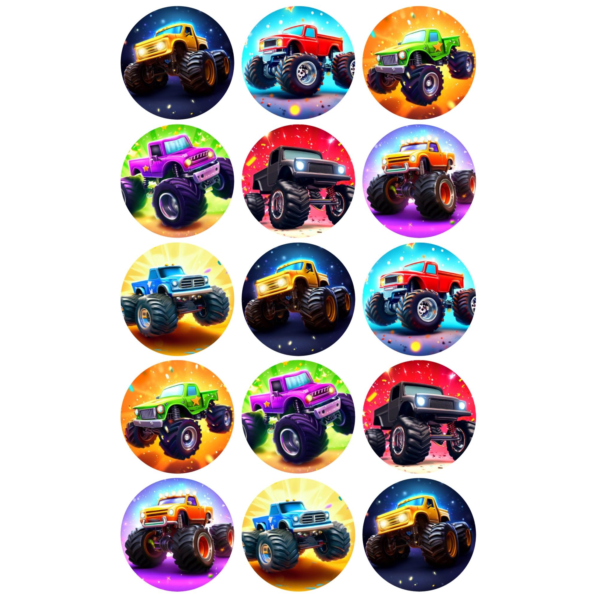15 x Monster Truck Mix Edible Wafer Card Cupcake Toppers Cake Party Decorations