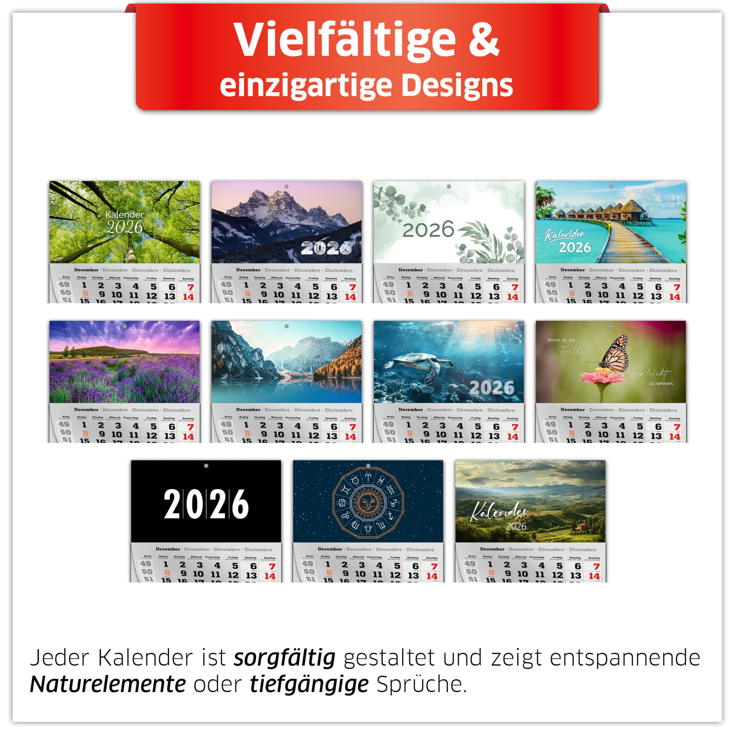 PRIMUS PRINT Calendario XXL 2026 – Calendario de pared – Calendario de pared de 4 meses – con fecha deslizante, calendario para colgar, incluye días festivos y vacaciones, varios diseños – [1 lavanda]