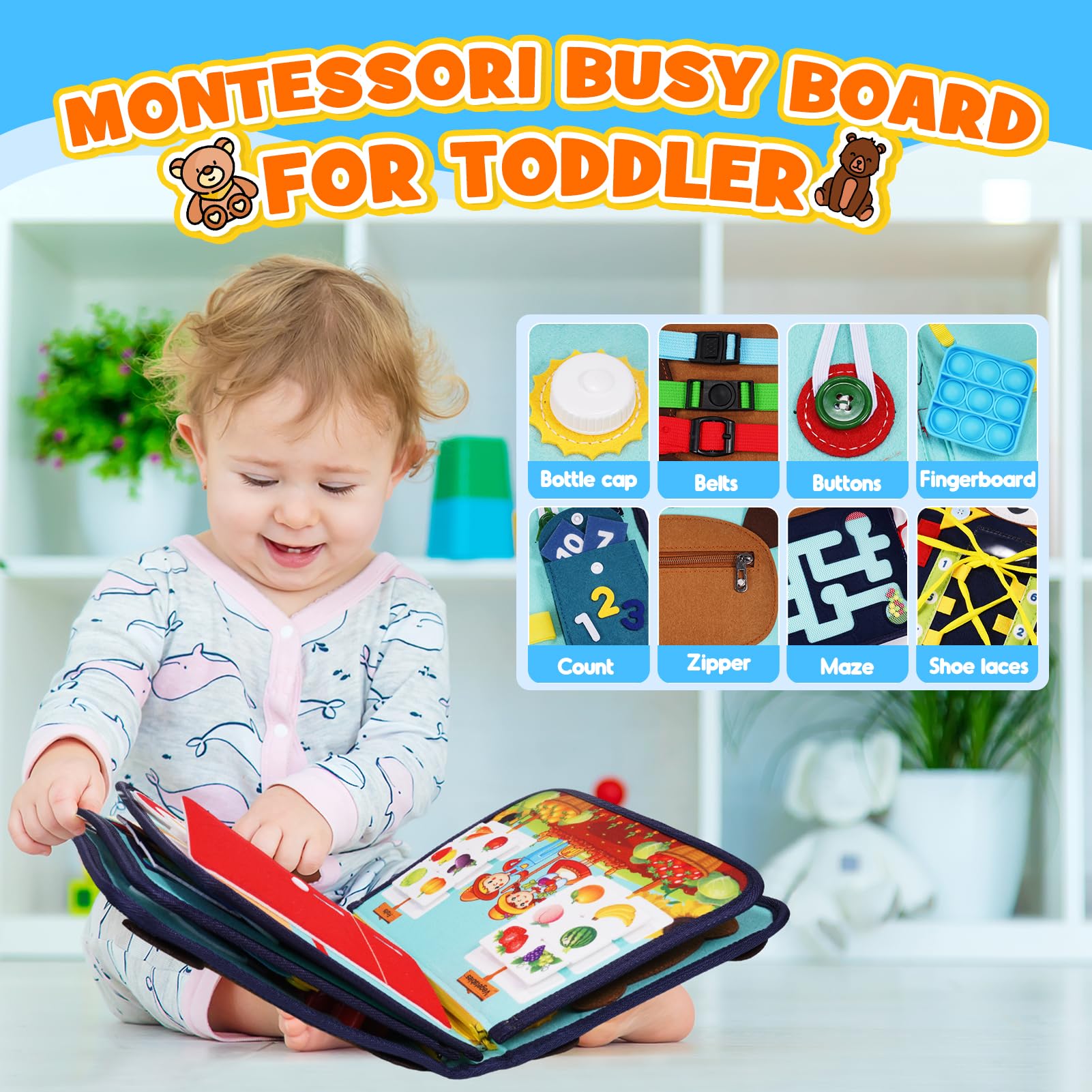 HappyKidsClub Busy Board, Giochi Montessori 1 2 3 4 Anni Regalo Bambino 1-4 Anni Giochi Bambini 1 2 3 4 Anni Pannello Sensoriale Bambini Montessori 1 2 3 Anni Busy Book
