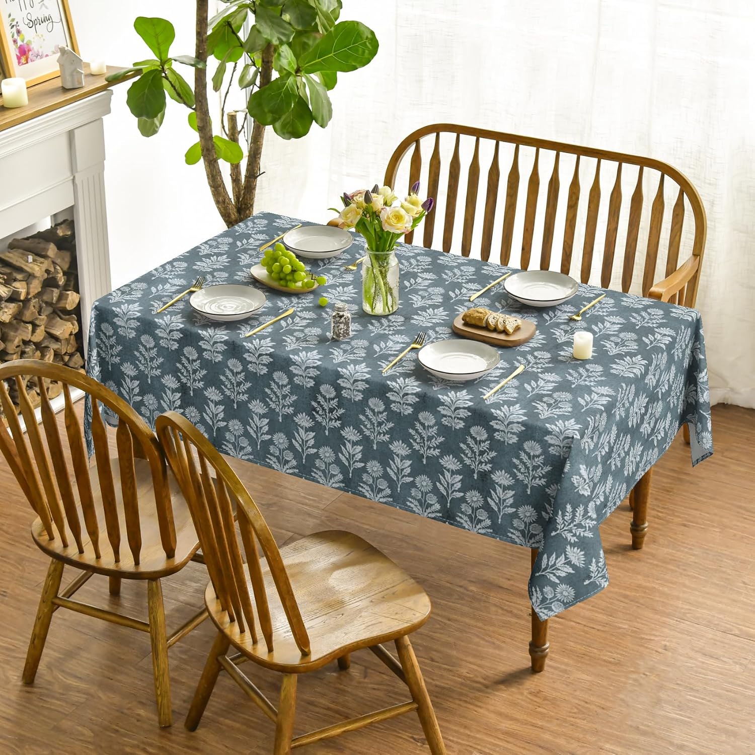 Horaldaily Spring Tablecloth 60×84 Inch Rectangular, Dark Teal Traditional Vintage Botanical Pattern Daisy Flower Washable Seasonal Table Cover for Party Picnic Dinner Decor - Image 2