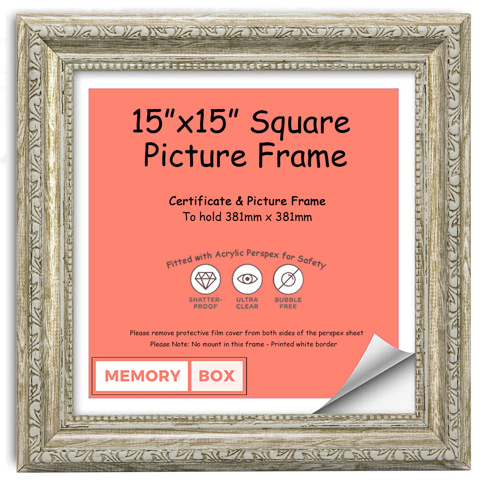 Walnut - 15" x 15" Picture Frame Ready to Hang or Stand with Decorations in Shabby Chic/Photo/Poster Frame with Perspex Styrene for High Clarity & MDF Backboard