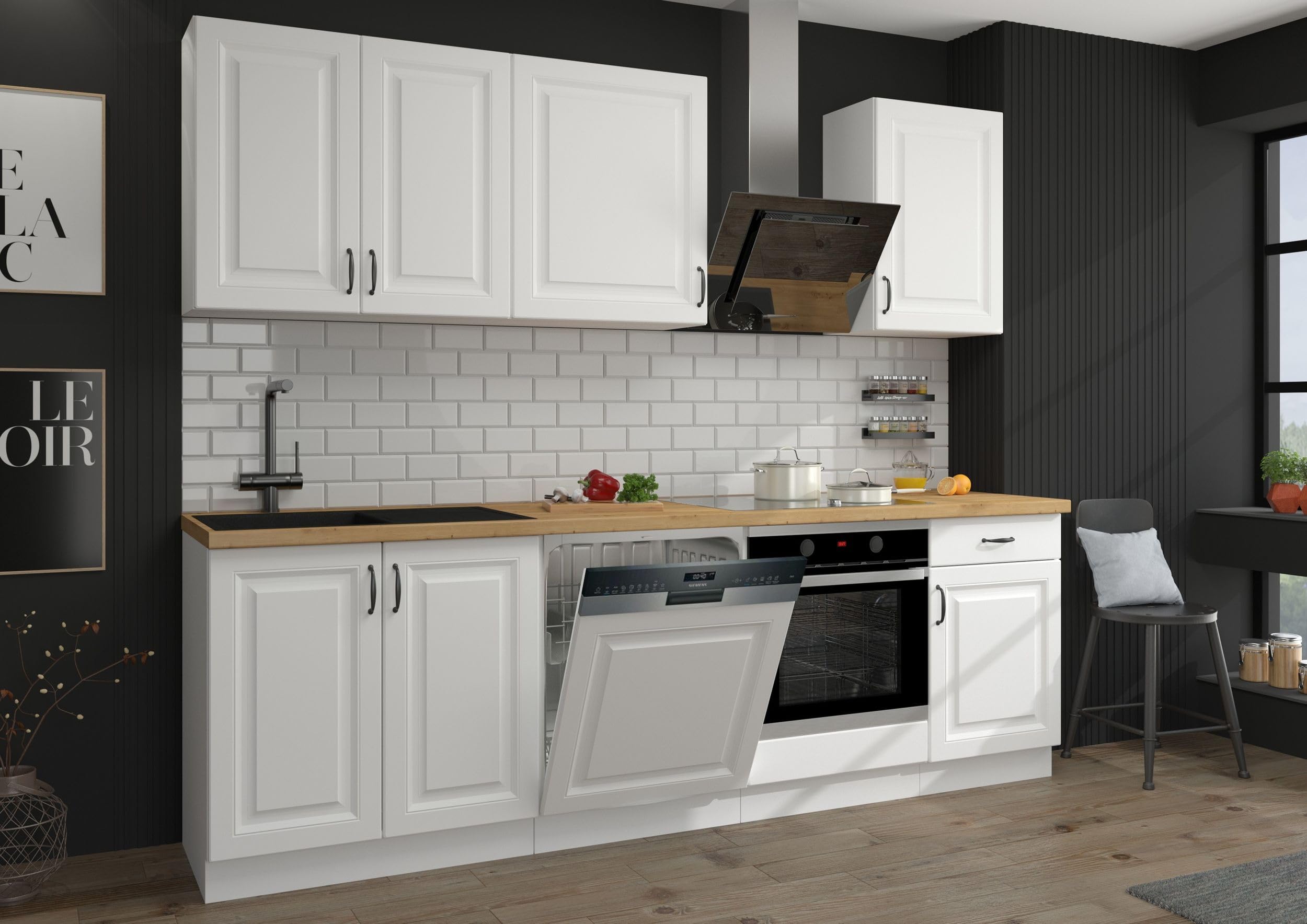 Landhaus-Küche Stilo Weiß, 250 cm – Küchenzeile / Einbauküche (erweiterbar)